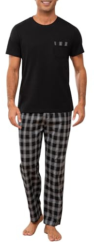 Winovia Schlafanzug Herren Kurzarm mit Langer Karierter Hose, 100% Baumwolle Pyjama Set für Männer, Weiche Nachtwäsche mit Brusttasche, Zweiteiliger Hausanzug & Loungewear