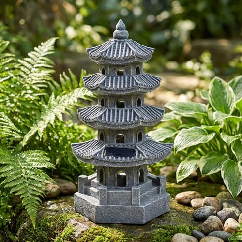 Décoration de jardin japonais, statue de jardin pagode, lanterne pagode à énergie solaire en résine, décoration japonaise zen d'extérieur pour balcon, patio, porche, cour 11, 4 x 4, 7 x , 7 pouces