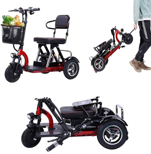 Elektromobil Klappbar Dreirad, Faltbar, Leichter Reisemobilitätsroller, Seniorenmobil Elektro Dreirad für Erwachsene, Rollator Elektrisch mit Korb,Traglast 160kg, Red