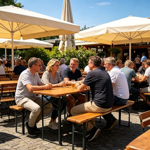 Ball & Cast Bierzeltgarnitur 3-teilig, Biertisch Klapptisch mit 2 Sitzbänken, Camping Tisch faltbar, Wetterfester Kiefer Massiv, Natur, 220 cm