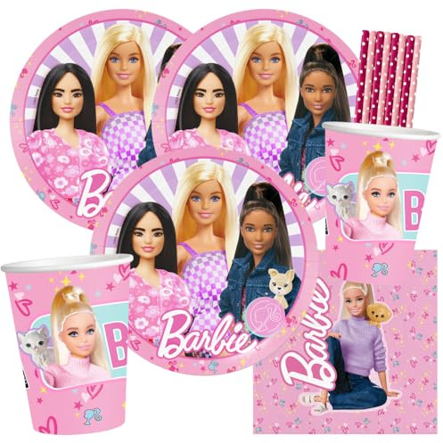 BeenSmile Party-set Barbie för 8 barn | Papptallrikar, pappersmuggar, servetter, papperssugrör för barns födelsedag