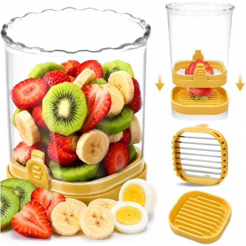 Creative Strawberry & Fruit Slicer | Detachable Cutter with Push Plate | ABS Detachable Kitchen Gadget | Egg & Fruit Slicer Cup for Banana, Cucumber, Mushroom (Yellow)