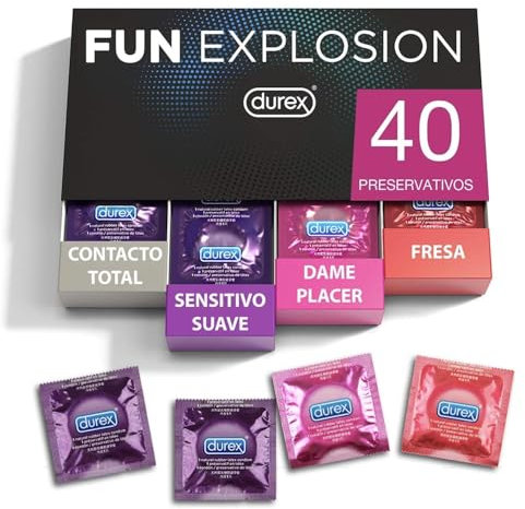 Durex, Preservativos Mixtos Fun Explosion Sabor Fresa, Dame Placer, Sensitivo Suave y Contacto Total, 40 Condones, 52 y 56 mm