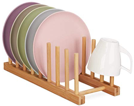 Relaxdays Bambus Abtropfgestell, länglich & modern, Wohnmobil, Tellerhalter, 8 Schneidebretter, Deckel & Teller, natur, 12 x 34 x 12.5 cm, Hellbraun