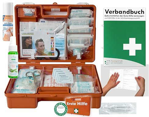 Verbandskoffer/Verbandskasten (M) Typ CS - Erste Hilfe nach aktueller DIN 13157 für Betriebe -DSGVO- INKL. PERFORIERTEM VERBANDBUCH + Hygiene-Gel & Sprühpflaster