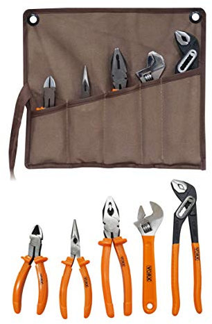 VORX 5 Piece PLIER Set 10” Water Pump PLIER Grip, 8” Adjustable Wrench, 8” Combination, 6” Side Cutter, 6” Long Nose Drop Forged Supplied in Heavy Canvas Storage Wallet