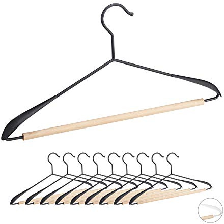 Relaxdays Kleiderbügel 10er Set, Anzugbügel mit Hosensteg, T-Shirts, Jacken & Hosen, Holz & Metall, 43 cm breit, schwarz