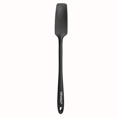 Vovoly Silicone Jar Spatula, Small Head with Long Handle, Rubber Spatulas Scraper for Jar, Blender, Bottle, etc. High Heat Resistant for Nonstick Cookware, Seamless, BPA Free, 11.2 Inch, Black.