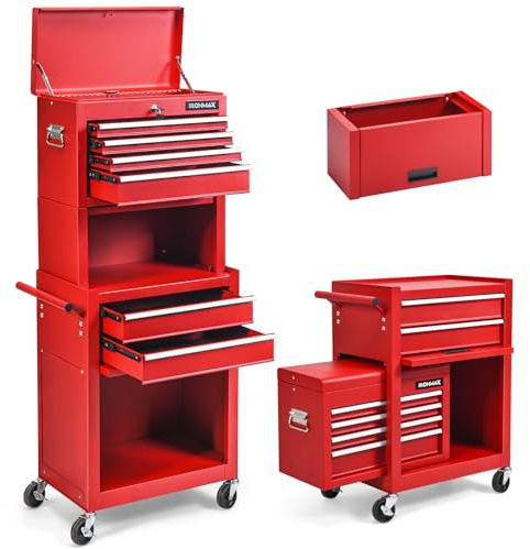 ERGOMASTER 6-Drawers Tool Chest, High Capacity Tool Storage Cabinet with Wheels and Locking System, Removable Tool-Box Bench for Garage -Upgrade 6 & Red