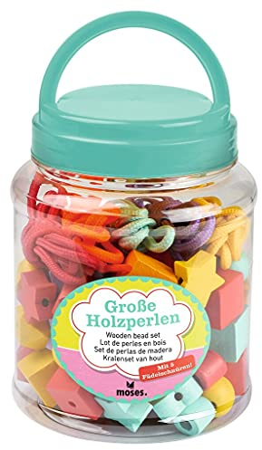 moses. Große Holzperlen zum Fädeln, 75 bunte Perlen und 5 Schnüre zum Auffädeln, Montessori Fädelspiel für Kinder ab 3 Jahren, Bunt