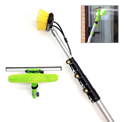 HI-TECH 16ft-20ft-24ft Water Fed Window Cleaning Pole Conservatory Solar panel Extension Extendable Extended Telescopic Brush Squeegee Equipment Hose Fed Kit.