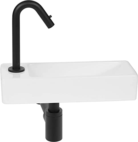 Saqu Wave Waschtischset mit matt schwarzem Hahn Links, Glänzend weißes Keramik - Waschbecken für Unterschrank, Waschtisch für Gäste WC