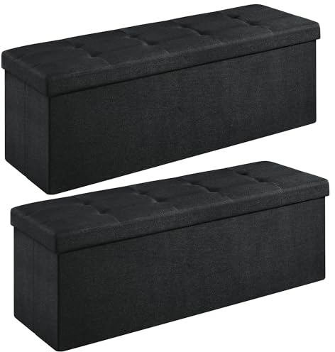 Songmics 110 cm sittbänk med förvaringsutrymme, uppsättning om 2, vikbar sittkista, förvaringslåda, fotbänk, svart LSF430B02
