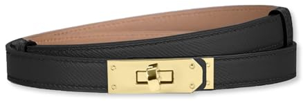 LumiSyne Damen Skinny Ledergürtel Einfarbig Legierung Drehverschluss Verstellbarer Dünner Gürtel Schmaler Taillengürtel Dekorativen Für Kleider Jeans Hosen Mantel, Schwarz / Gold, Einheitsgröße