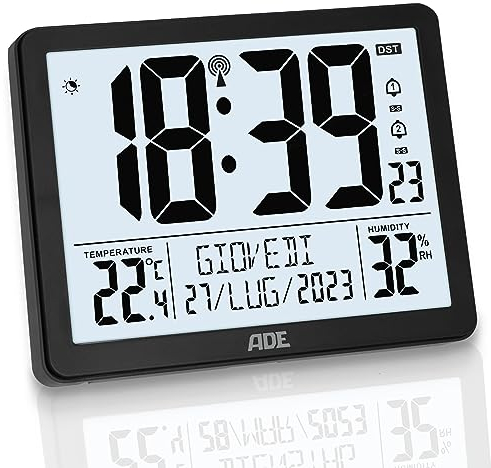 ADE Digitale XL-Funkuhr mit sehr großen Ziffern | Tischuhr Wanduhr mit 2 Weckzeiten und Beleuchtung | Thermometer Hygrometer | schmaler Rahmen in matt schwarz