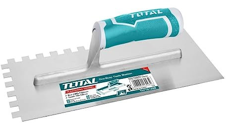 TOTAL - Serrated Trowel | 280 mm Masonry Tool | Carbon Steel for Cement & Glue Application | Ergonomic Bi-Material Handle | Compatible with Tool Belt | Blue, Carbon Steel