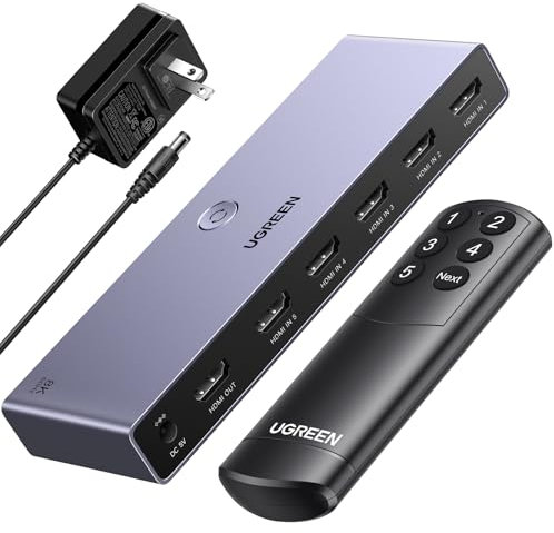 UGREEN Switch HDMI 8K 60Hz 5 Entrées 1 Sortie Commutateur HDMI 3D HDR10 VRR avec Télécommande Compatible avec PS5 PS4 Xbox One 360 TV Stick Box Chromecast Lecteur Blu Ray DVD HDTV Écran Projecteur