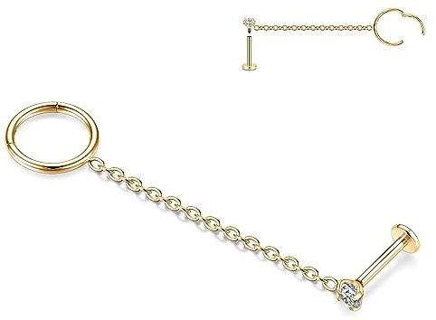 AROWRO 16G Kette Ohrringe Conch Dangle Kette Knorpel Ohrringe Cubic Zirkonia Labret Ohrstecker 316L Chirurgenstahl Nasenring 8mm Bar Gold