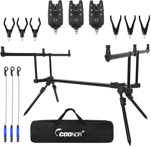 SOUUXIU Soporte Ajustable retráctil para caña de Pescar para Carpas, Soporte para caña de Pescar con 3 alarmas de picadura de Pesca, 3 cebos de Pesca, Juego de Aparejos de Pesca, Accesorios de Pesca