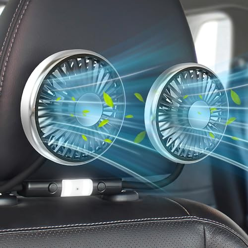 Helmsyde Ventola per Auto per Sedile Posteriore, Ventola USB a Doppia Testa per Auto, Ventola di Raffreddamento per Auto, 3 velocità e Rotazione a 360°, per SUV, Camion, Berlina, Crociera