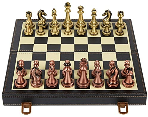 Schachbrett-Set, tragbares internationales Schachspiel mit klappbarem Schachbrett aus Leder oder Holz und handgefertigten Standardfiguren, Schachspiel aus Metall und Kupfer, 11-Zoll-Schachspiele