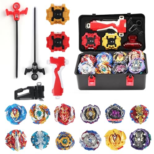 Hojalis 12in1 Kampfkreisel Set, Bey Burst Turbo Blade Set, Bidirektionaler Sender für 2 Sets Von Kampfkreisel, Tragbare Aufbewahrungsbox, Kreisel Spielzeug Geschenk für Kinder Ab 6 Jahren(Mehrfarbig)