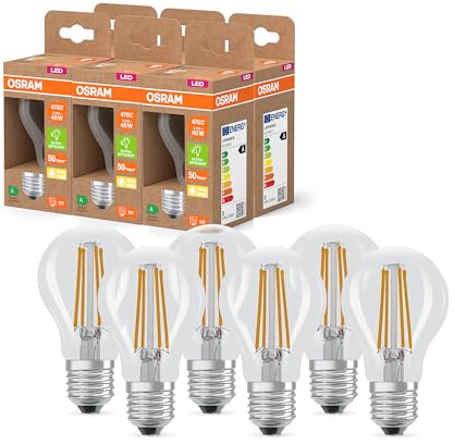 OSRAM Lampada LED LED Classic con filamento a forma di lampadina classica, filamento in vetro trasparente, 2,2 W, attacco E27, EEK A, 470 lm per illuminazione generale, pacco da 6
