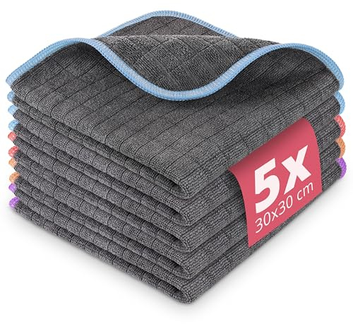 Lavandola 5X Mikrofasertücher Set 30x30cm - Premium Reinigungstücher mit 380GSM Schachbrettmuster für Haushalt, Küche, Bad - Fusselfrei Reinigungstücher, Putzlappen, Spüllappen
