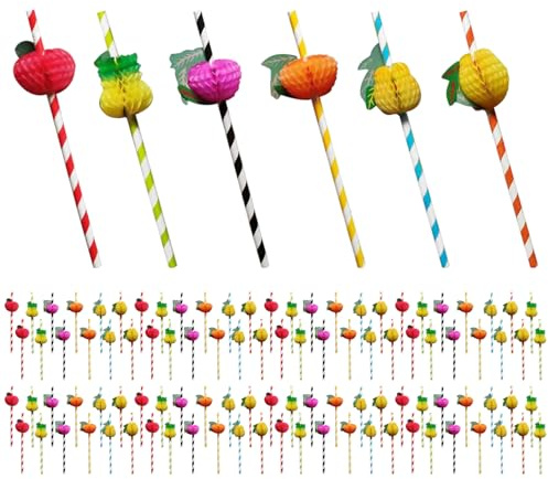 Förpackning med 100 st. fruktformade sugrör, cocktailtillbehör, 3D-papperssugrör, konstgjorda sugrör, cocktaildekoration, lämpliga för sommarstrandfester