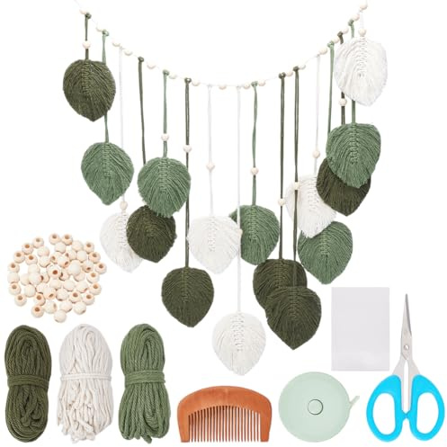 ORIGACH Makramee Blatt Wandbehang Set für Anfänger, Makramee Grüne Blätter Wandbehang Kit Mit Anleitung Makramee Knüpf-Set Zum Basteln und Knüpfen Set für Makramee Wandbehang Dekoration