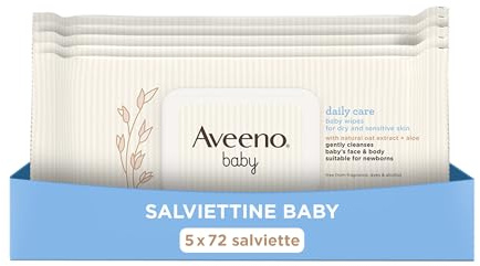Aveeno Baby Daily Care Salviettine umidificate e delicate per neonati e bambini, Salviette neonato con Estratto di Avena e Aloe, Salviettine neonato senza profumo, solfati e alcol, 5 x 72 pezzi