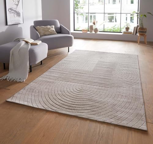 Taracarpet Moderner In & Outdoor Kurzflor Boho Skandi Designer Teppich mit 3D Effekt für Wohnzimmer Schlafzimmer und die Küche auch für Balkon und Terrasse geeignet beige 80x150 cm