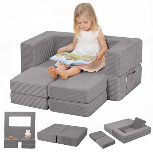 MeMoreCool Kindersofa aus Cord, Ausklappbares Schaumstoff Sofa, Modulare Mini Couch für Kinderzimmer & Schlafzimmermöbel, Hellgrau