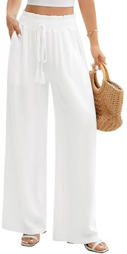 UMIPUBO Pantalones Mujer de Lino Verano Algodón Cintura Alta Elástico Pantalón Casual Deporte Pants Largos Ligeros Flojo Playa Cómodo Pantalon de Anchos con Bolsillos (Beige, S)