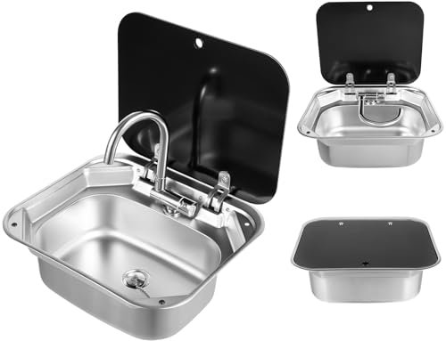 Cuenco individual RV Lavabo Rectangular Lavabo Lavabo con Tapa y Grifo para Compatible con RV Caravana Camper Cocina Fregadero de Acero Inoxidable, 42.3 x 37.3 x 15 cm