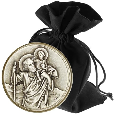 Lunexus Christophorus Auto-Magnet Plakette - Silber, Ø 3,6 cm | Hl. Christophorus, geweiht/gesegnet mit Zertifikat - Metallprägung, edles Design - Magnet + Klebepad - inkl. Samtbeutel