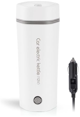 Portable Travel Electric Cup 12V 80W Electric Kettles Compact Travel Car Electric Water Cup with 304 Stainless Steel Liner for Hot Water Coffee Tea Baby Milk/ 400ml,up to 98°Ctemperature (White)