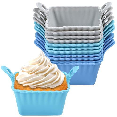 Koluti Reusable Silicone Baking Cups Set of 12, Nonstick Muffin Cupcakes Mold with Double Handle, BPA Free, Mini Square Air Fryer Cupcake Liners, 3 Colors
