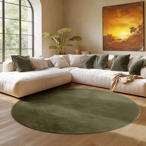 SIMPEX Runder Teppich Grün 80 cm Waschbarer Kurzflor Teppich, rund, rutschfest & weich, modernes einfarbiges Design für Wohnzimmer, Schlafzimmer, Küche & Kinderzimmer.