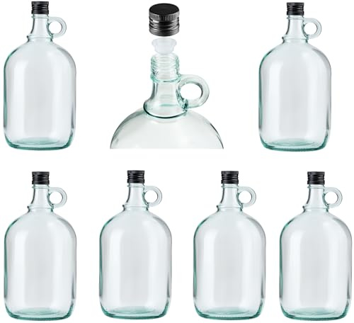2L Flasche mit rundem Griff + Aussgießer Essig-ÖlFlasche Met- Honigflasche Weinballon Glasballon Likörflasche Schnapsflasche Leere Glasflasche Wasserflasche Ölspender (6x 2L transparente Flasche)