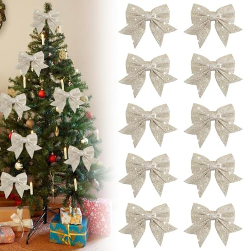Filltown 10PCS Christmas Bow Decorations, Champagne Bows for Christmas Tree, Sequin Bow Ties Xmas Tree Bowknot Ornaments, Christmas Bows for Gift Wrapping Wreath Home Christmas Party Decor
