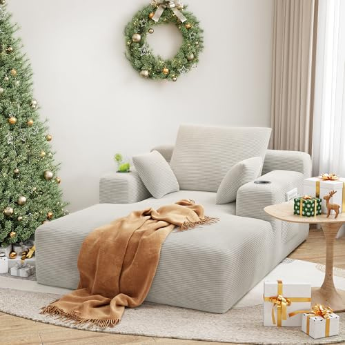 LIKIMIO 71.6 Oversized Chaise Lounge Chair Indoor with Cup Holders & Storage - Corduroy Sofa Bed for Living Room, Reading Nook, or Bedroom, No Assembly Cloud Couch (Greige)