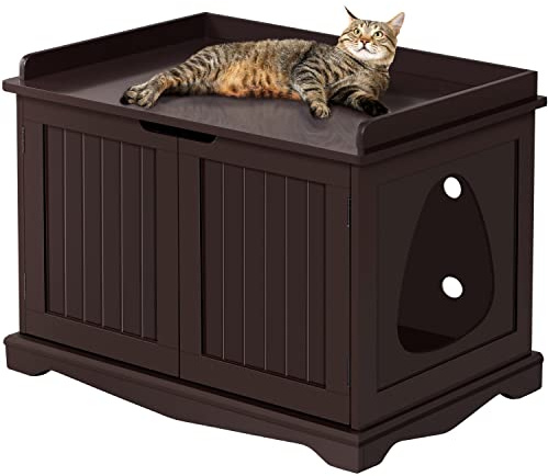 Yaheetech Wooden Cat Litter Box Enclosure, Hidden Litter Furniture with Door, Pet Washroom with Storage Partition & Ventilation Holes, Pets Side Table, Espresso
