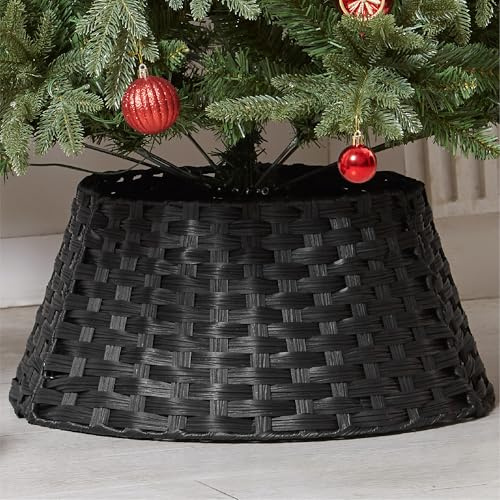 Black Christmas Tree Skirt Base Basket Christmas Rattan Tree Collar Xmas Basket Cover Decor Perfect for Indoor Home & Office Floor Use Ideal for Trees 7ft and Below Diameter 56cm
