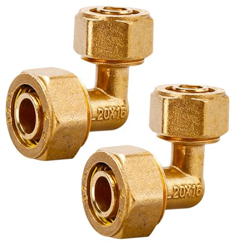 2 Stück 90 Grad Schraubfitting Winkel, Ø20x2 mm auf Ø16x2 mm Schraubfitting 90° Winkel, DVGW, UBA Konform, Messing Klemmverschraubung für Mehrschicht Verbundrohr, PEX-Rohre, Aluverbundrohre