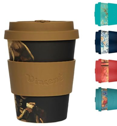 Ecoffee Cup 12oz 350ml Van Gogh Collection Reusable Eco-Friendly 100% Plant Based Coffee Cup with Silicone Lid & Sleeve - Melamine Free Dishwasher/Microwave Safe Travel Mug (Skull)