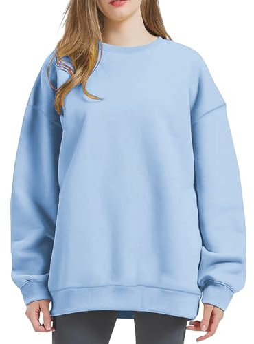 Générique Överdimensionerad damtröja utan huva - överdimensionerad tröja dam rund hals enfärgad tröja vår höst toppar dagliga utomhusaktiviteter toppar enkel tröja elegant pullover, Himmelblå, XL