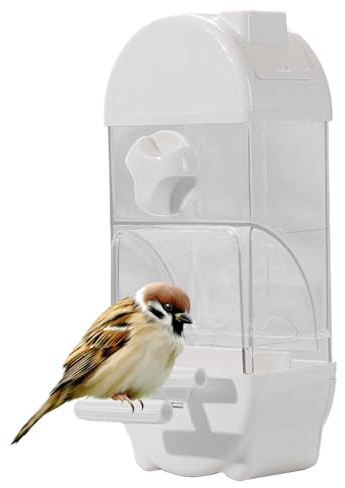 Automatisk fågelmatare, transparent husformad for parakiter, automatisk papegojmatare, stor kapacitet med spillskydd(Beige)