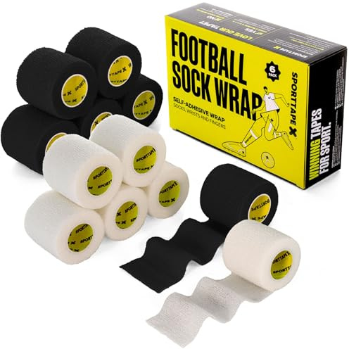 12 Rollen SPORTTAPE Selbsthaftendes Fußball-Sockentape – 6× Schwarz & 6× Weiß – 5 cm x 4,5 m – Kohäsive Bandage Stutzentape für Fußball, Socken, Schienbeinschoner & Gelenke