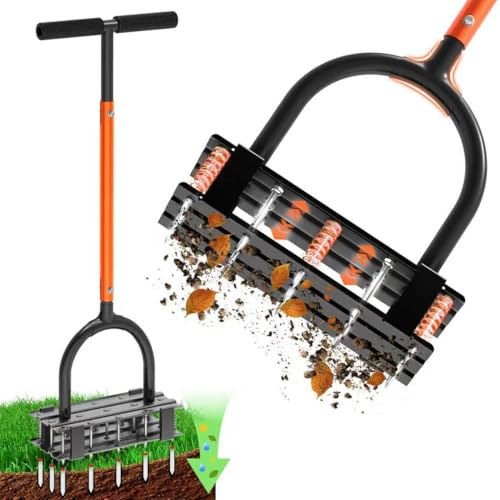 Aerator Lawn Tool - 2-in-1 Reinforced Heavy Duty Manual Lawn Aerator with 15 Spikes, Automatic Dirt and Leaf Clean Design, Adjustable T-Handle, Handheld Aerator Lawn Tool for Grass Health & Yard